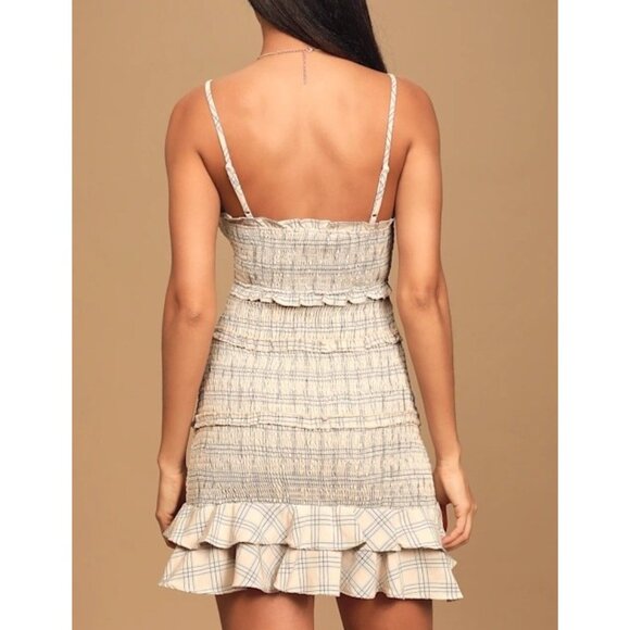 Lulus Out and About Blush Plaid Smocked Ruffled Mini Dress Size small - Picture 2 of 13